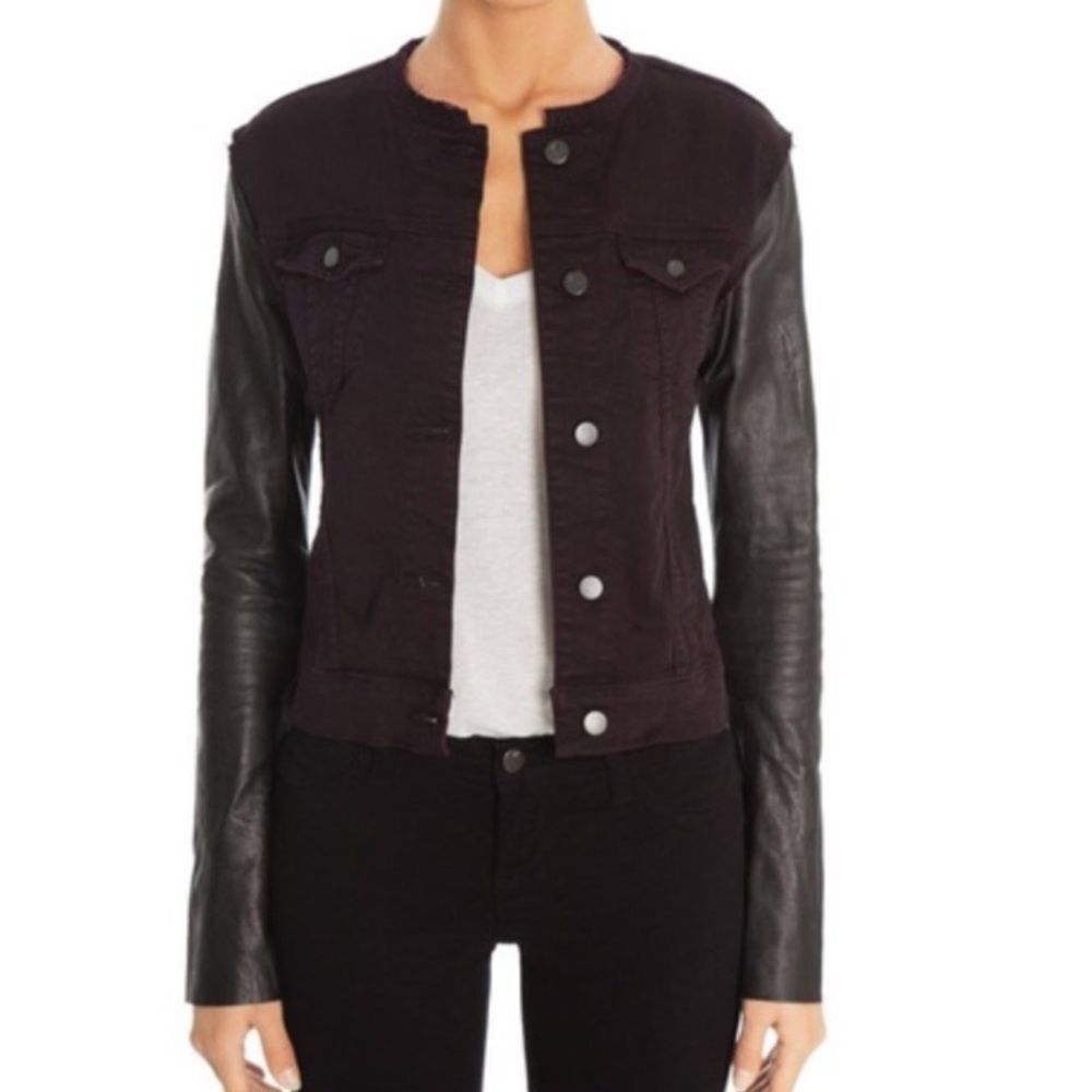 J Brand Blackened Leather Sleeve Denim Jacket in NOIR RED